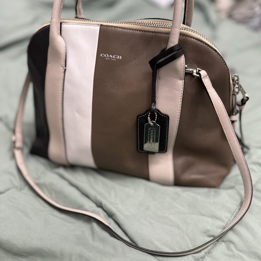 Coach Colorblock Leather Satchel – Taupe, Cream & Black | F1393-30151